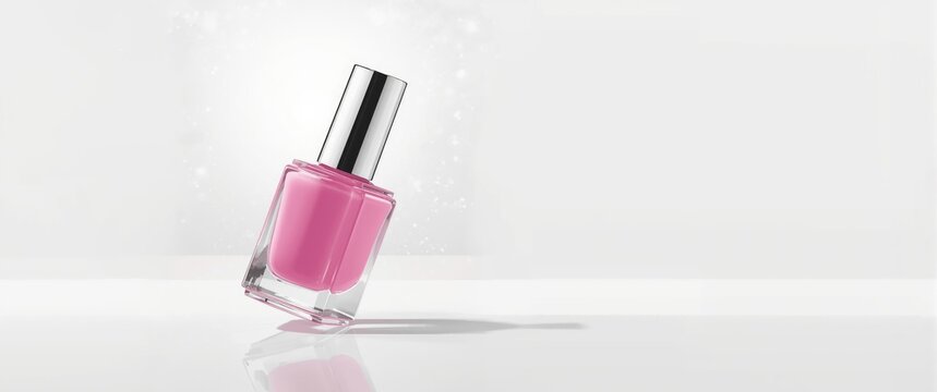 Glass bottle of pink nail polish with manicure and pedicure setup