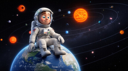 Naklejka premium 3D cartoon astronaut in white spacesuit perched on Earth, gazing at vibrant planetary system, embodying wonder and exploration