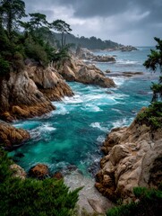 Fototapeta premium A serene coastal scene featuring rocky cliffs and turbulent turquoise waters. This image captures the beauty of nature in a dramatic style. Perfect for travel or landscape themes. AI
