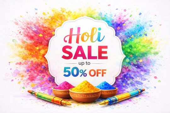 Vibrant Holi sale advertisement with colorful powders and dart