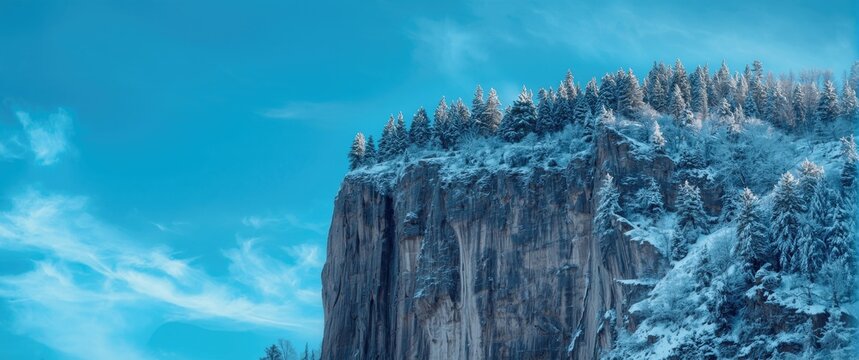 A steep cliff with snow-covered trees and a clear blue sky