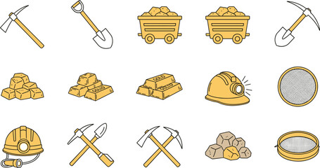 Gold Mining Icon Set with Pickaxe, Shovel, Ore Carts, Nuggets, Bars, Helmets, and Prospecting Tools for Extraction and Industry Design © MdShakil