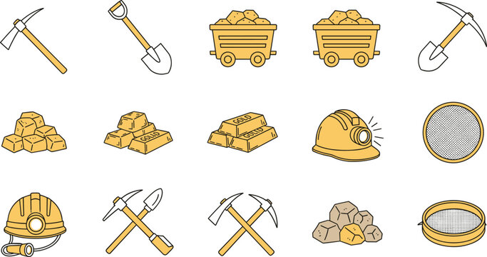 Gold Mining Icon Set with Pickaxe, Shovel, Ore Carts, Nuggets, Bars, Helmets, and Prospecting Tools for Extraction and Industry Design