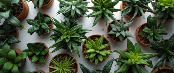 Fototapeta premium Overhead perspective of vibrant green houseplants arranged in pots on a white background