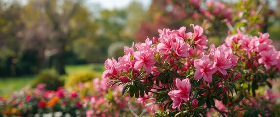 Fototapeta premium Flowering pink azalea shrub for landscape design