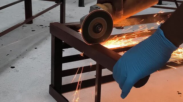 Industrial metal fabrication process featuring an electric grinder cutting through iron pipe with intense glowing spark trails.