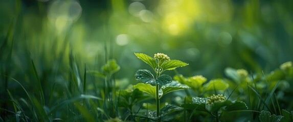 Herbaceous plant Alchemilla vulgaris, lady's mantle, featuring tiny yellow-green blossoms and leaves with wavy edges adorned with dew droplets