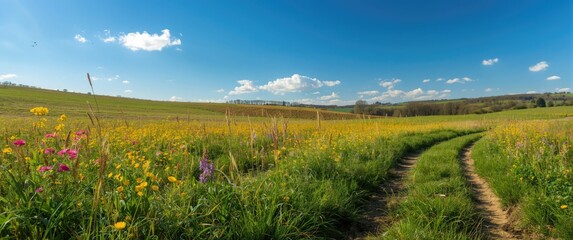 Countryside Scene with Sunny Meadow, Flowers, and Green Grass in Spring