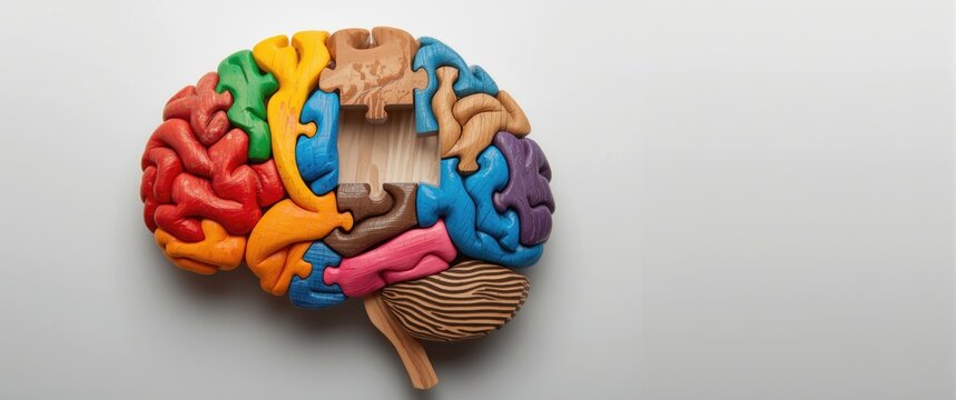 Concept of mental health. Brain composed of various colored wooden blocks with an absent puzzle piece