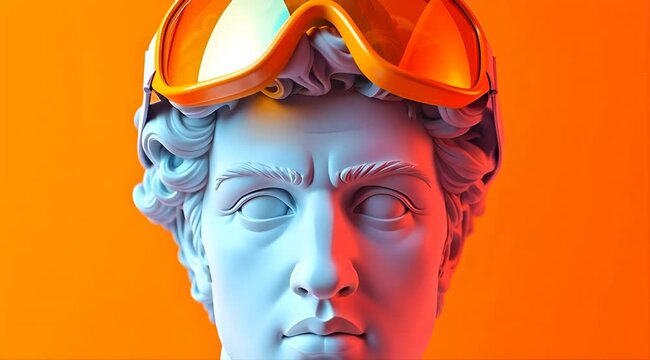 antique male statue bust wearing bright orange ski goggles on orange background winter sport concept