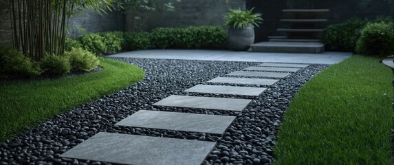 Obraz premium Asian-inspired Zen garden with pebble flagstone pavers, black stones, and minimalist plantings, modern design for lock screen wallpaper