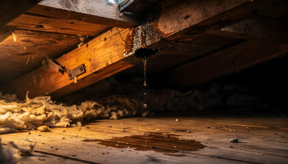 Fototapeta premium Moisture Intrusion: Water Leak in Attic Causing Damage to Insulation and Wood Structure, Home Maintenance Problem and Urgent Repair Needed (Commercial)