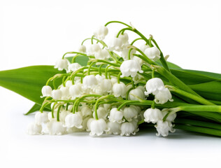 Obraz premium Elegant white lily of the valley bouquet with verdant stems, evoking serenity and refined natural beauty against crisp backdrop