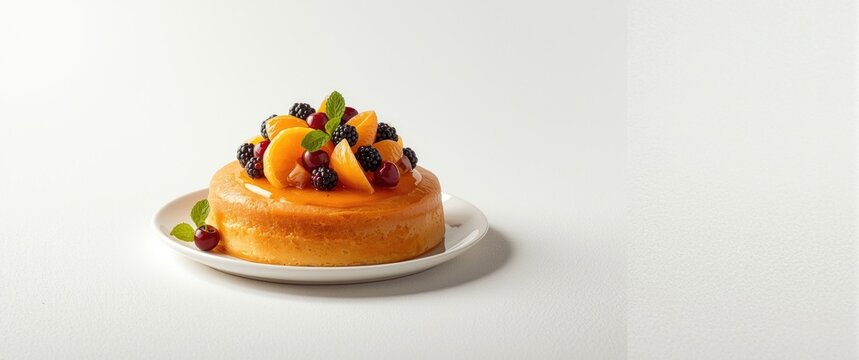 Golden and white sweet cake with fruit toppings, freshly baked and isolated, including apple and orange, suitable for restaurant presentation