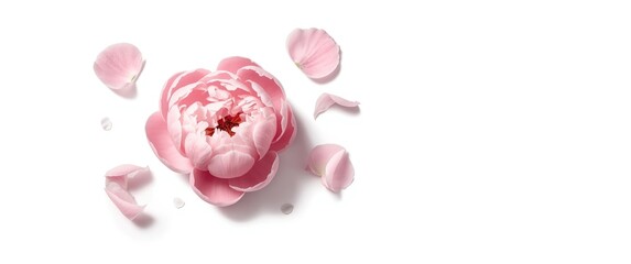 Obraz premium Isolated pink peony flower on white background featuring pattern, top view of peony bud, flat lay, and creative arrangement.