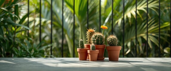 Balcony cactus assortment against a lush green natural backdrop with flowers and garden elements