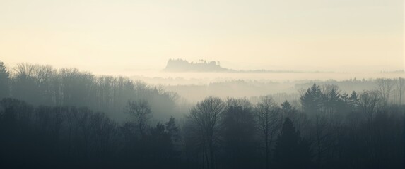 Fototapeta premium Horizon view of a remote island silhouette framed by foggy trees, emphasizing nature's detailed textures
