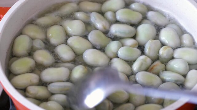 Cooking fava beans in water with salt. Fava beans also caled broad beans