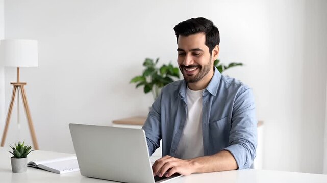 白い壁のミニマルな室内で、ヒスパニック系男性がパソコン作業をしている様子。
柔らかな自然光と観葉植物が、清潔感と心地よさを演出しています。
前向きで親しみやすい表情が、信頼感と生産性を感じさせます。
