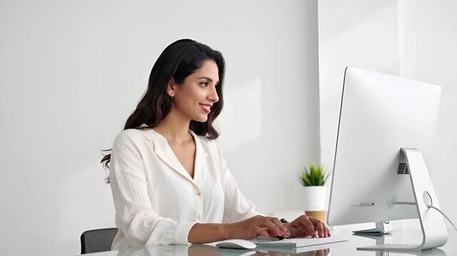 白い壁のミニマルな室内で、ヒスパニック系女性がパソコン作業をしている様子。
柔らかな自然光と観葉植物が、明るく清潔感のある空間を演出。