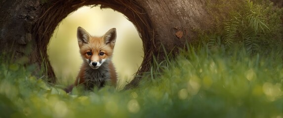 Obraz premium United Kingdom spring scene: Fox cub in front of its den, detailed close-up