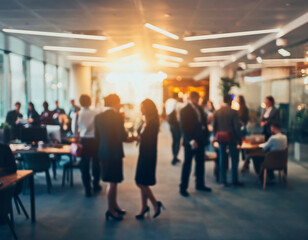 Fototapeta premium Soft blurred after-work office party with warm lights, colleagues socializing and relaxed corporate atmosphere. Ideal for team-building, workplace culture and informal professional events.