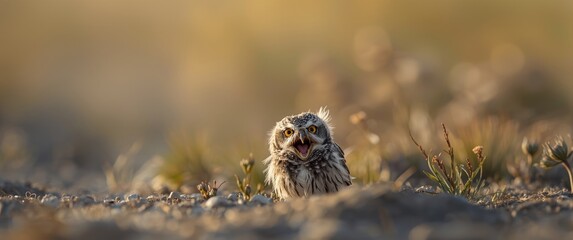 Fototapeta premium Yawning behavior of Burrowing Owl (Athene cunicularia)