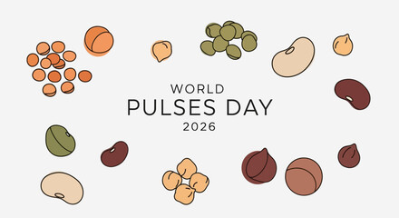 Illustration for World Pulses Day 2026 featuring various nuts and legumes in a colorful arrangement.