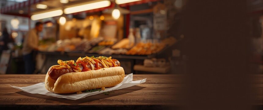 Bosna or Bosner: Austrian spicy hot dog topped with bratwurst, onion, ketchup, and curry