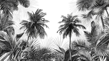 Tropical wallpaper with hand sketched palm trees and lush jungle foliage in seamless horizontal pattern