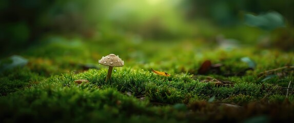 Miniature mushroom on a moss-covered surface