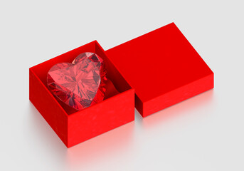 A red heart shaped diamond in a red box on white background