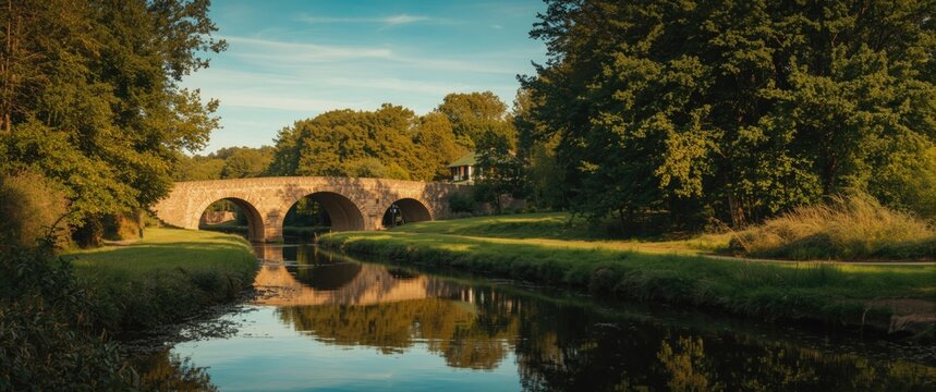 Summer scene of Stroud Canal Towpath highlighting arched bridge, water, trees, grass, and architecture