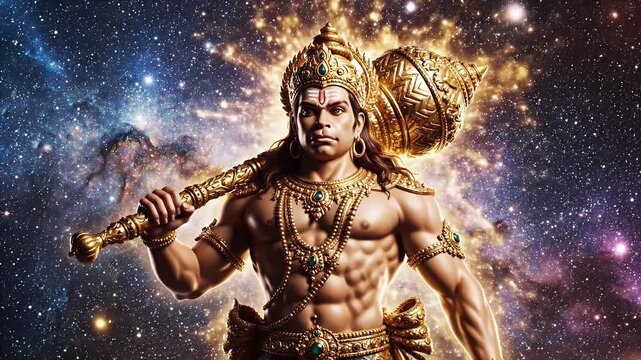 Mighty Hanuman in Cosmic Nebula - This video shows the Hindu deity Hanuman, muscular and adorned with golden ornaments. He is holding his gada in front of a nebula background.