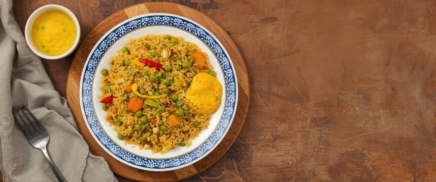 Healthy Indian vegetarian platter with kodo millet pilaf, tomato, vegetables, kokam juice, and mango chutney