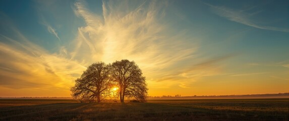 Sunset and sunrise over trees with yellow and blue sky in autumn