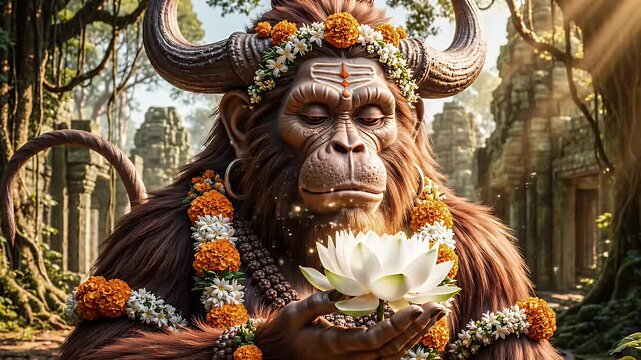 Mystical Ape Sage Contemplating Blossom - A spiritual portrait showcases a mystical ape-like sage, adorned with flowers and horns, contemplating a delicate white blossom.