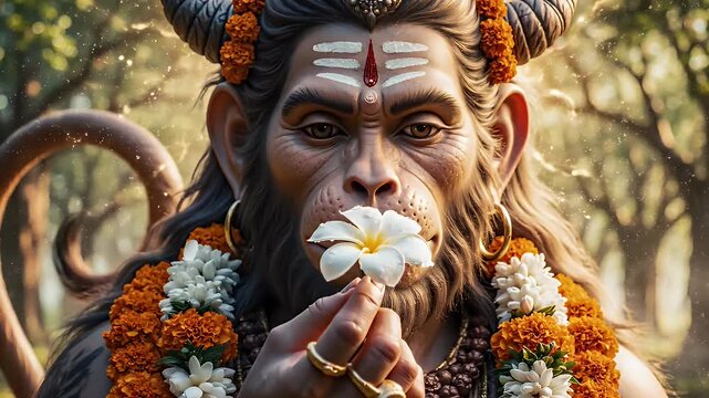 Mystical Ape Sage Contemplating Blossom - This video depicts a spiritual portrait of a mystical ape-like sage adorned with flowers and horns.