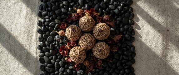Herbal Balls at Spa Setting Featuring Black Pebbles and Dried Rose Petals