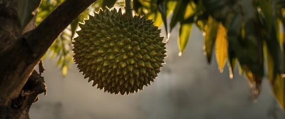Close-up shot of durian leaves illuminated from behind on a branch