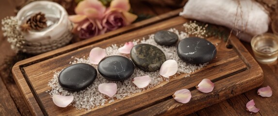 Tray with spa stones, sea salt, and rose petals on wooden surface