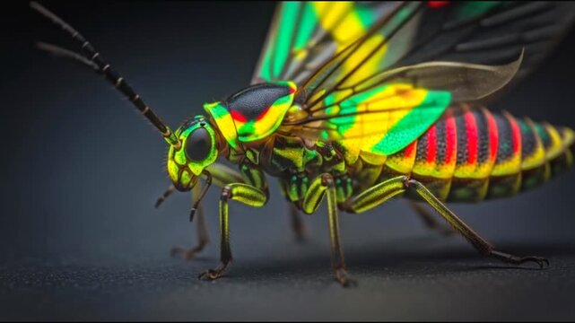 Close-up of a vibrantly colored insect with intricate patterns on its wings and body, showcasing its detailed anatomy.