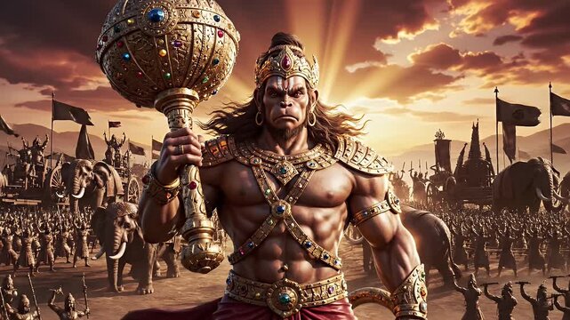 Hanuman Warrior Deity With Mace and Army - Illustration of a powerful, mythological warrior deity, Hanuman, holding a mace.