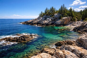 Wild rocky coastline on a lone island with smooth water and vibrant blue sky