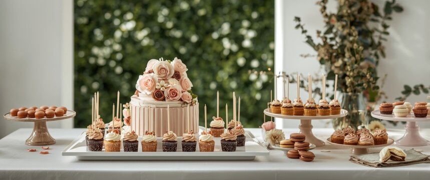 Table displaying sophisticated treats like cake pops, macaroons, a big cake, and cupcakes for a dinner or event celebration