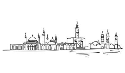 Obraz premium Syria city skyline continuous line vector illustration with historic landmarks