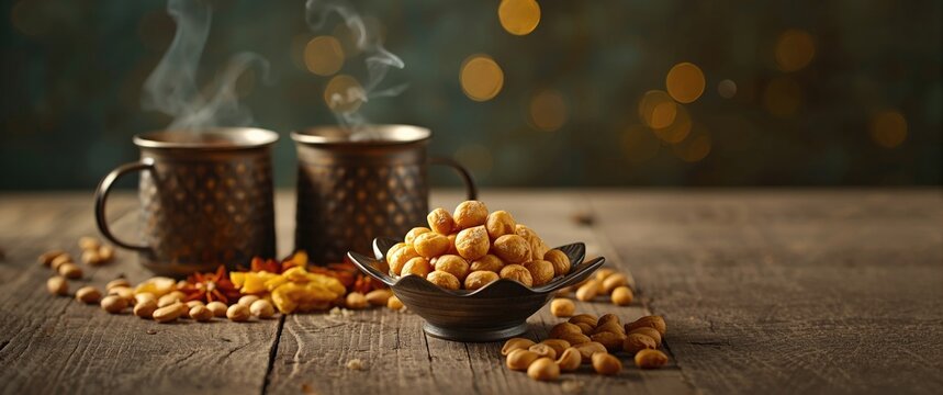 Healthy South Asian snack Makhana chiwda featuring Foxnuts, peanuts, and chanadal, paired with two mugs of tea