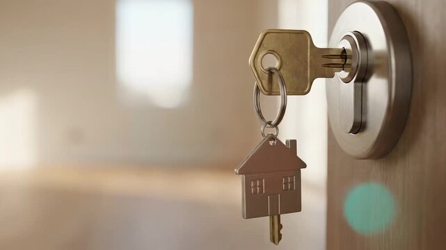 This video features a key in a door lock, symbolizing a new home or property purchase. The scene evokes feelings of achievement, hope, and a fresh start. The focus on homeownership and investment make