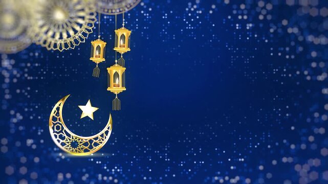 Ramadan Kareem Golden Moon and Lantern in Blue Glitter Background 03