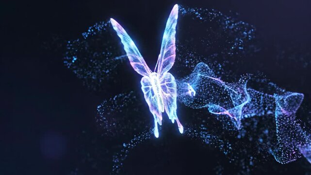 Seamless loop of a geometric wireframe butterfly flying and unfolding its digital wings composed of interconnected vibrant blue and purple glowing particles digital, movement, bright